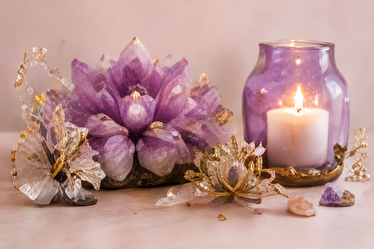 Cuarzos y cristales junto a una vela encendida, representando la energía, el equilibrio, la conexión interior y el acompañamiento espiritual.