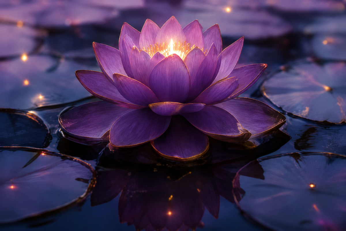 Flor de loto en tonos violetas sobre el agua, símbolo de conexión interior, intuición, equilibrio y despertar espiritual.